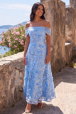 Blue A-Line Off the Shoulder Maxi Floral Dress with 3D Flowers