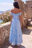 Blue A-Line Off the Shoulder Maxi Floral Dress with 3D Flowers