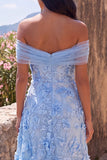 Blue A-Line Off the Shoulder Maxi Floral Dress with 3D Flowers