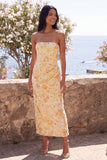 Yellow Strapless Sheath Midi Floral Dress with Slit