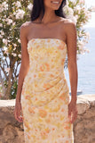 Yellow Strapless Sheath Midi Floral Dress with Slit