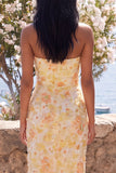 Yellow Strapless Sheath Midi Floral Dress with Slit
