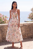 Sweetheart Ivory Corset A-Line Embroidered Midi Floral Dress with Lace Up Back
