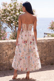 Sweetheart Ivory Corset A-Line Embroidered Midi Floral Dress with Lace Up Back