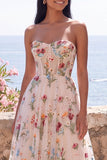 Sweetheart Ivory Corset A-Line Embroidered Midi Floral Dress with Lace Up Back