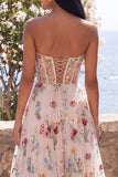Sweetheart Ivory Corset A-Line Embroidered Midi Floral Dress with Lace Up Back