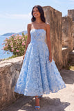Blue Strapless A-Line Maxi Floral Dress with 3D Flowers