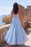 Blue Strapless A-Line Maxi Floral Dress with 3D Flowers