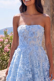 Blue Strapless A-Line Maxi Floral Dress with 3D Flowers