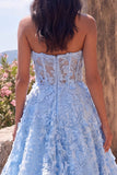 Blue Strapless A-Line Maxi Floral Dress with 3D Flowers
