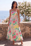 Strapless Daffodil Pink Flower A-Line Chiffon Maxi Floral Dress