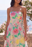 Strapless Daffodil Pink Flower A-Line Chiffon Maxi Floral Dress