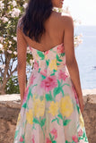 Strapless Daffodil Pink Flower A-Line Chiffon Maxi Floral Dress
