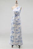 One Shoulder Blue Sheath Ruched Maxi Floral Dress with Ruffles