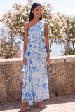 One Shoulder Blue Sheath Ruched Maxi Floral Dress with Ruffles