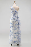 One Shoulder Blue Sheath Ruched Maxi Floral Dress with Ruffles