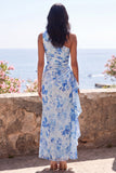One Shoulder Blue Sheath Ruched Maxi Floral Dress with Ruffles