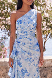 One Shoulder Blue Sheath Ruched Maxi Floral Dress with Ruffles