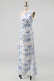 One Shoulder Blue Sheath Ruched Maxi Floral Dress with Ruffles