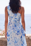 One Shoulder Blue Sheath Ruched Maxi Floral Dress with Ruffles