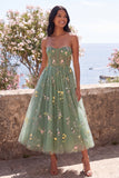 Sweetheart Dusty Sage Sheer Corset A-Line Embroidered Midi Floral Dress