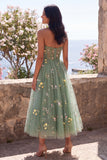 Sweetheart Dusty Sage Sheer Corset A-Line Embroidered Midi Floral Dress