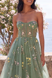 Sweetheart Dusty Sage Sheer Corset A-Line Embroidered Midi Floral Dress