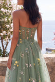 Sweetheart Dusty Sage Sheer Corset A-Line Embroidered Midi Floral Dress