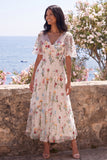 Ivory A-Line V-Neck Embroidered Midi Floral Dress with Short Sleeves