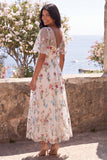 Ivory A-Line V-Neck Embroidered Midi Floral Dress with Short Sleeves