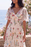 Ivory A-Line V-Neck Embroidered Midi Floral Dress with Short Sleeves