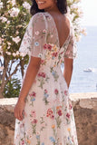 Ivory A-Line V-Neck Embroidered Midi Floral Dress with Short Sleeves