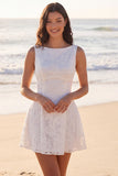 Ivory A Line Corset Lace Bateau Neck Mini Bridal Shower Dress