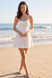 Strapless Ivory A Line Lace Mini Bridal Shower Dress with Bow