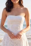 Strapless Ivory A Line Lace Mini Bridal Shower Dress with Bow