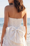 Strapless Ivory A Line Lace Mini Bridal Shower Dress with Bow