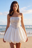 Sprakly White Strapless Beaded A Line Corset Bridal Shower Dress with Bow