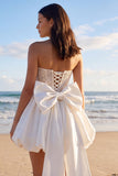 Sprakly White Strapless Beaded A Line Corset Bridal Shower Dress with Bow