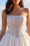 Sprakly White Strapless Beaded A Line Corset Bridal Shower Dress with Bow