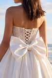 Sprakly White Strapless Beaded A Line Corset Bridal Shower Dress with Bow