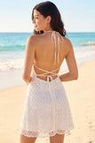 Halter Ivory A Line Lace Up Back Mini Dress