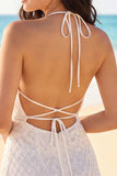 Halter Ivory A Line Lace Up Back Mini Dress
