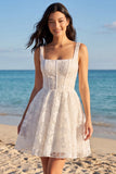 Ivory Floral A Line Corset Square Neck Bridal Shower Dress