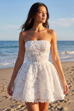 Strapless Lace A Line Floral Little White Dress