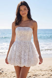 White Strapless A Line Floral Bridal Shower Dress