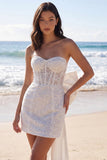 Ivory Strapless Bodycon Sequin Corset Mini Bridal Shower Dress with Bow