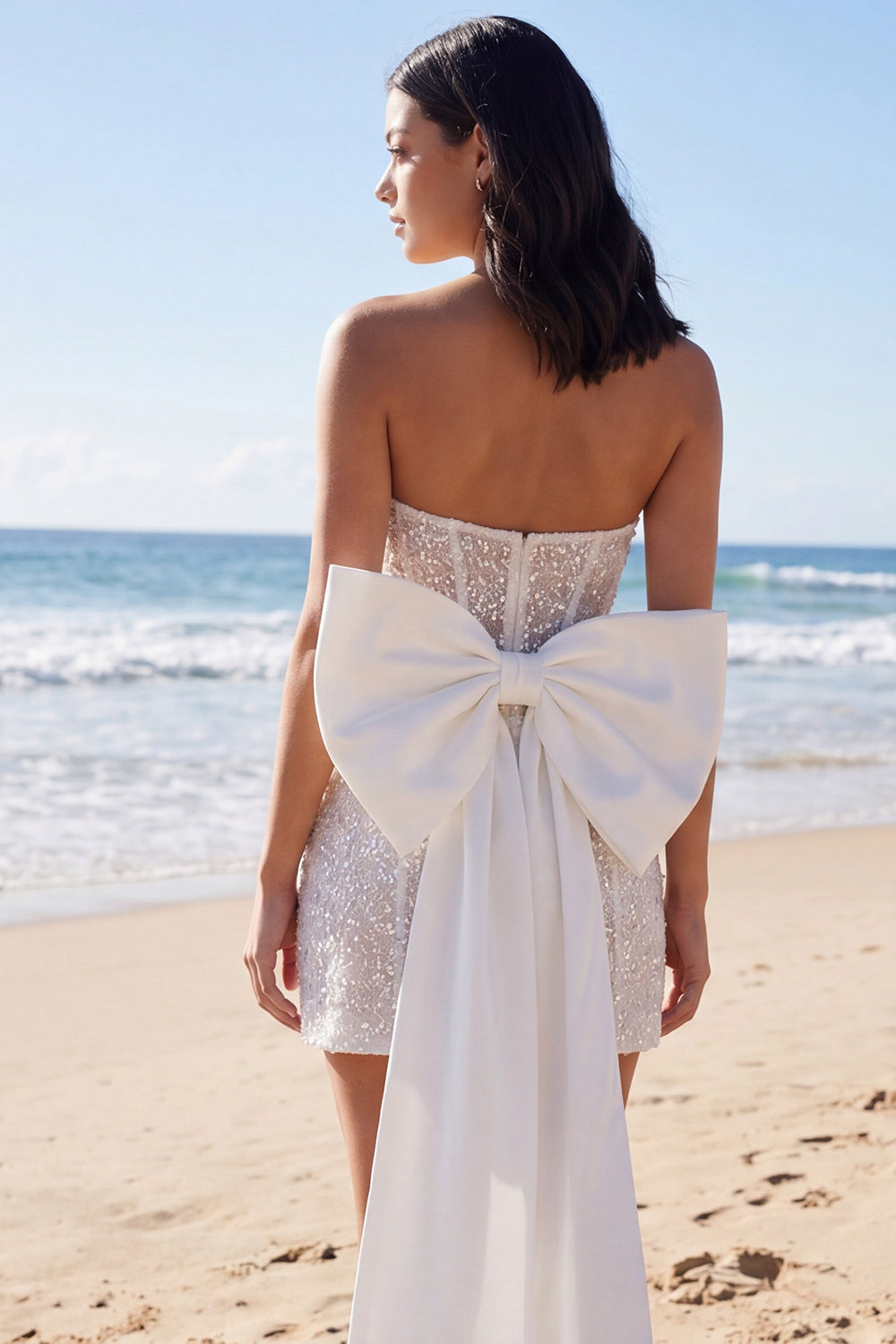 Ivory Strapless Bodycon Sequin Corset Mini Bridal Shower Dress with Bow