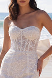 Ivory Strapless Bodycon Sequin Corset Mini Bridal Shower Dress with Bow