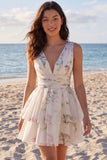 A Line Ivoy Printed Floral V Neck Ruffled Mini Graduation Dress