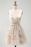 A Line Ivoy Printed Floral V Neck Ruffled Mini Graduation Dress